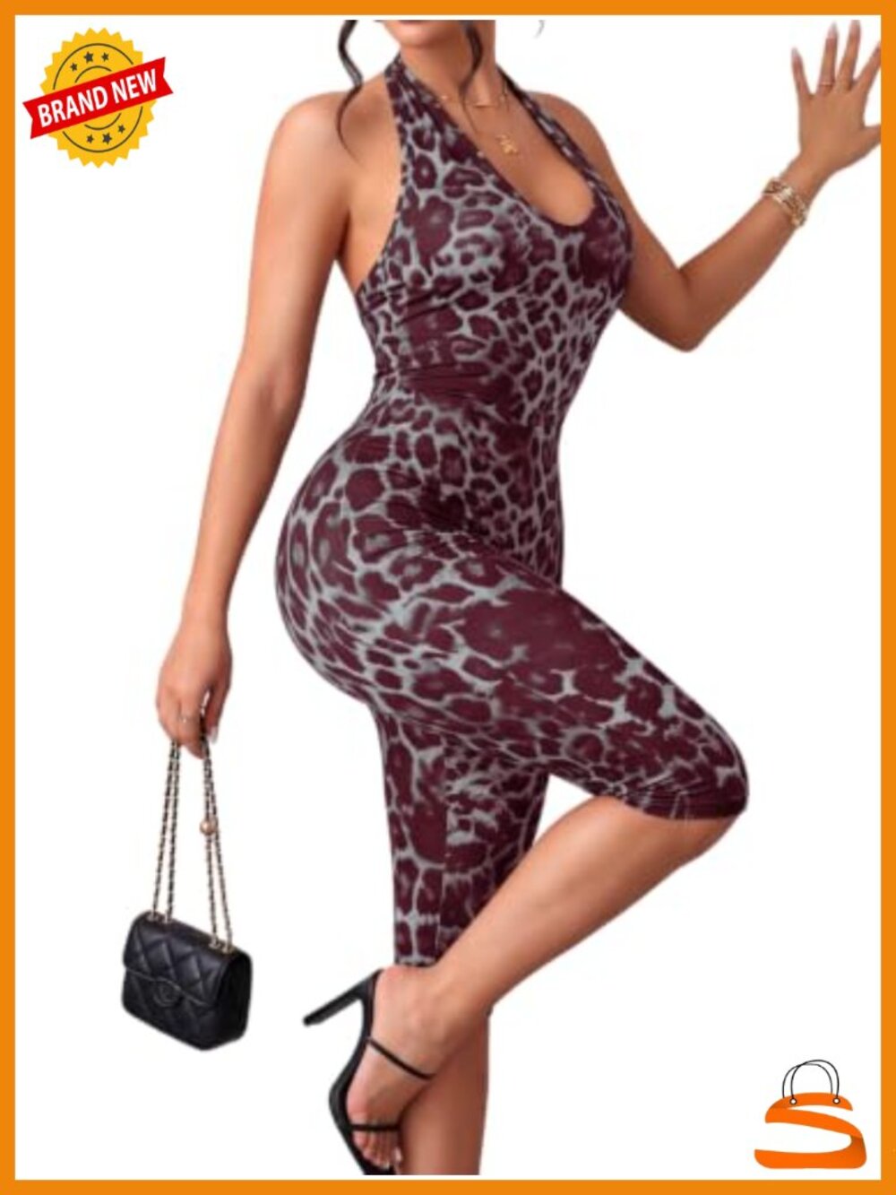 Sexy Leopard Print Halter Capri Jumpsuit Sleeveless Bodycon One Piece